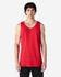 A red Gildan Heavy Cotton adult tank top displayed on a model, featuring a logo on the garment.
