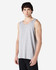 A grey Gildan Heavy Cotton adult tank top displayed on a model, featuring a plain design and a logo.