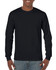 A black long sleeve t-shirt features a simple design, with a logo on the front, displayed on a smiling model.