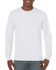 A white long sleeve T-shirt featuring a round neckline and a plain design, displayed on a smiling model.