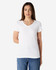 A white ladies' V-neck t-shirt displayed on a model, featuring a comfortable fit and short sleeves.