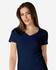 A navy Gildan Softstyle ladies' V-neck T-shirt displayed on a model, featuring a fitted design and short sleeves.