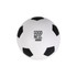 A white soccer ball stress reliever featuring black pentagon patches and a logo on one side.