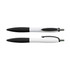 A plastic pen featuring a black and white design with a textured grip and a logo on the barrel.