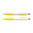 A writing product featuring two plastic pens in white and yellow colors, designed with a textured grip for comfort.