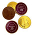 Chocolate coins in gold and brown, featuring monetary designs and a logo.