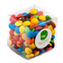 A clear cube filled with colourful M&Ms in various shades, featuring a logo.