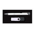 A pen and a flash drive are featured in the Cove Gift Set, showcasing sleek black and white designs.