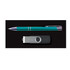 A teal pen and a silver and black flash drive arranged on a dark background.