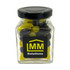 A small glass jar filled with colourful jelly beans in black and yellow, featuring a branding logo on the front.