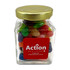 A small glass jar filled with colourful jelly beans, topped with a gold lid. The jar features a logo on the front.