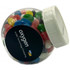 A clear plastic jar filled with colourful jelly beans, featuring a white lid and a logo on the front.