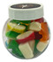 A clear plastic jar filled with mixed lollies in vibrant colours, including green, red, yellow, and orange.