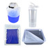 A blue and white dry bag, a clear drink bottle, a blue pack in a zip bag, and a gray food container with a lid.