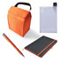 An orange cooler bag, a clear drink bottle, a black notebook, and an orange pen are displayed together.