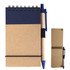 A cardboard notebook with a navy top and spiral binding, accompanied by a blue pen.