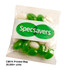 A transparent bag filled with green and white jelly beans, featuring a logo.