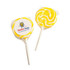 A set of medium yellow candy lollipops, each with a swirled design and wrapped in clear plastic.