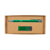 A green pen and a green USB flash drive are neatly packaged in a cardboard gift set box.