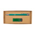 A green pen and a green USB drive are displayed together in a cardboard gift set box.