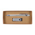 A cardboard gift set featuring a silver pen and a USB drive, neatly packaged in a brown box.