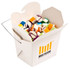 A white cardboard noodle box filled with colourful personalised rock candy, featuring an attached wire handle.