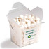 A frosted noodle box filled with white mints, featuring a logo on the exterior.
