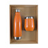 A drink bottle and a mug set in vibrant orange, presented in a cardboard gift box. The bottle features a stainless steel base.