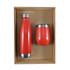 A drink bottle and a drinking cup in a vibrant red color, presented in a cardboard gift box.