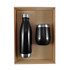 A drink bottle and a tumbler presented in a cardboard gift set, both featuring a sleek black design with silver accents.