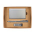 A gift set featuring a silver card holder, a silver pen, and a silver USB drive, all presented in a cardboard box.