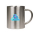 A stainless steel coffee mug with a sleek finish and a handle, featuring a logo on one side.