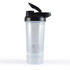 A drink bottle designed for protein shakes, featuring a clear container with a black lid and a metal mixing ball inside.