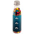 A drink bottle filled with colourful M&Ms, featuring a silver lid and a branded label.
