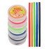 A stack of colorful silicone straws in a case with a lid, featuring six straws in green, red, blue, black, and orange.