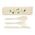 A beige cutlery set in a matching case, featuring a spoon, fork, and knife, with a logo design.