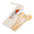 A bamboo cutlery set including a knife, fork, and spoon, presented in a calico pouch featuring a logo.