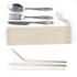 A stainless steel cutlery and straw set in a calico pouch featuring a fork, knife, spoon, and two straws.