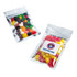 Two silver zip lock bags filled with colourful jelly beans in various flavours. One bag features a logo.