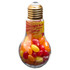 A light bulb-shaped container filled with colourful jelly beans in shades of red, orange, and yellow.