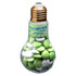 A light bulb-shaped container filled with green and white chocolate beans, featuring a gold-coloured top and a logo.