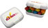 A small rectangle tin filled with colourful chewy fruit sweets, featuring a hinged lid and a logo on top.