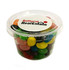 A clear tub filled with assorted colourful jelly beans, including red, yellow, green, and purple varieties. It has a logo on top.