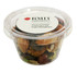 A clear tub containing a mix of nuts, dried fruits, and seeds, featuring a logo on the lid.
