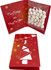 A red gift card with a packet of white mints inside, featuring a festive design and a logo.