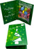 A green card featuring a Christmas tree design, containing a clear bag of colourful Smarties.