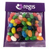 A transparent bag filled with assorted jelly beans in various colours, with a purple header featuring a logo.