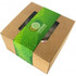 A small kraft gift box with a green and patterned band, featuring a transparent window to view contents.