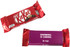 A red KitKat chocolate bar wrapped in a sleek sleeve, featuring a purple side with text.
