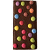 A chocolate bar with a smooth dark brown surface adorned with colourful, round candy spots in pink, blue, green, and yellow.